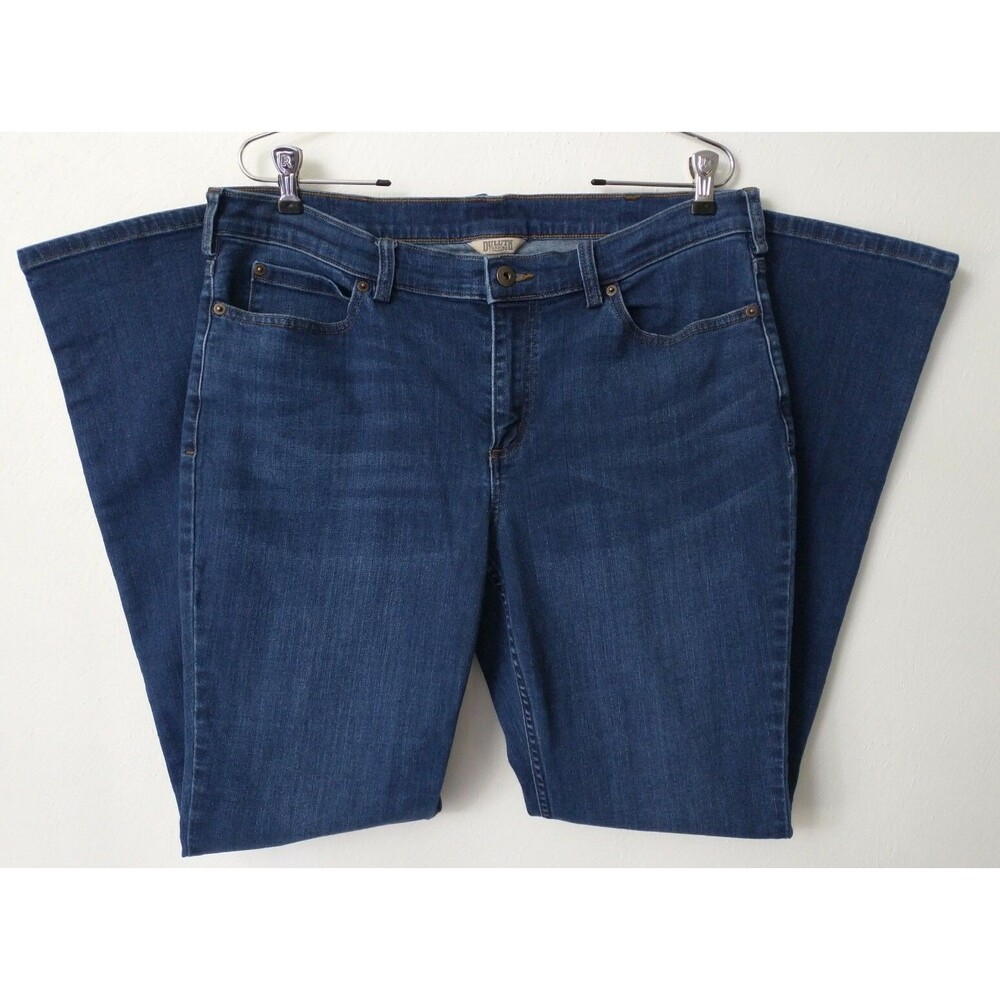 Duluth Trading Jeans Denim Women Sz 14x33 Straight Boot Cut Dark Blue Wash (226)